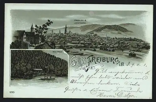 Mondschein-Lithographie Freiburg i. Br., Waldsee und Blick vom Lorettoberg