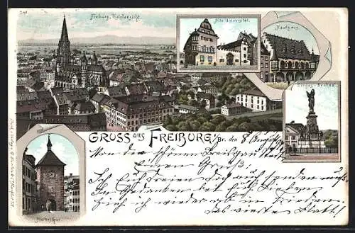 Lithographie Freiburg i. Br., Kaufhaus, Alte Universität, Sieges-Denkmal, Martinstor