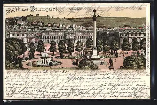 Lithographie Stuttgart, Brunnen und Denkmal auf dem Schlossplatz