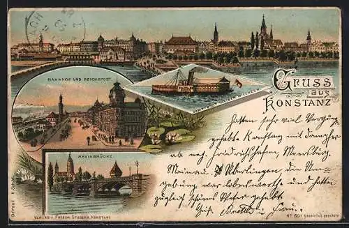 Vorläufer-Lithographie Konstanz, 1893, Bahnhof und Reichspost, Dampfboot Kaiser Wilhelm, Rheinbrücke