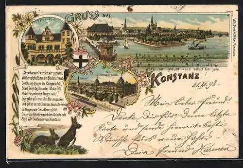 Lithographie Konstanz, Rathaushof, Bahnhof, Kais. Oberpostdirection, Hafenansicht, Hase