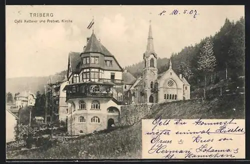 AK Triberg, Café Ketterer und Protestantische Kirche