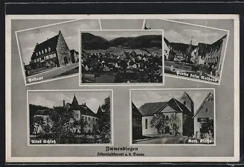 AK Immendingen / Donau, altes Schloss, Postamt, Rathaus und kath. Kirche
