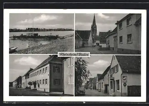 AK Rheinsheim /Baden, Strandbad und Lebensmittelgeschäft E. Rau, Kronenstr. 4