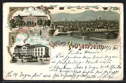 Lithographie Rosenheim, Totalansicht, Bahnhof, Kaiserbad