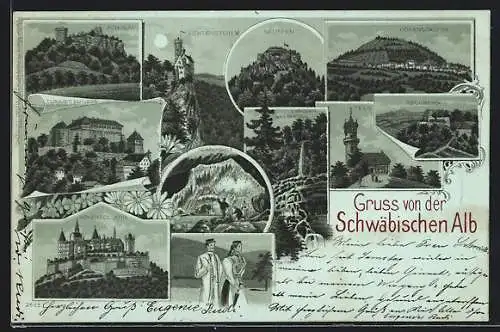 Mondschein-Lithographie Hohenzollern, Festung und Burgen der Schwäbischen Alb