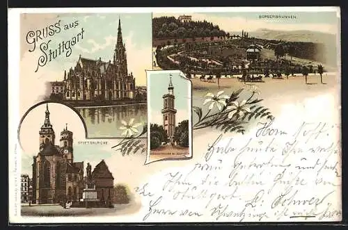 Lithographie Stuttgart, Bopserbrunnen, Stiftskirche, Aussichtsturm bei Oegerloch