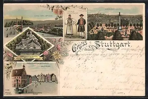 Lithographie Stuttgart, Marktplatz mit Rathaus, Königliches Schloss, König Karl Brücke