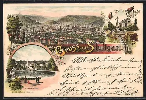 Lithographie Stuttgart, Totalansicht, Eugensbrunnen, K. Residenzschloss