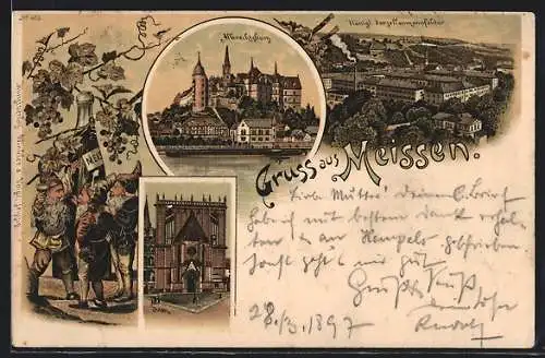 Lithographie Meissen, Ortsansicht mit Albrechtsburg