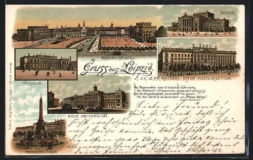 Lithographie Leipzig, Theater, Mendebrunnen, Museum, Augustusplatz, Neue Universität