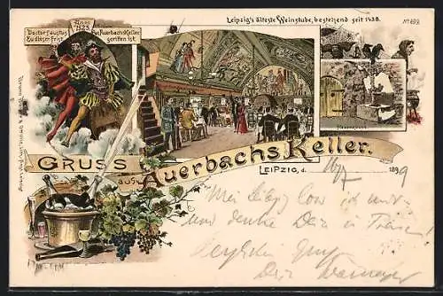 Lithographie Leipzig, Gasthaus Auerbachs Keller, Faust und Mephisto, Hexenküche