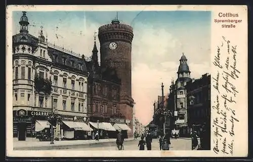 AK Cottbus, Geschäfte Emil Wolsdorff und J. Neumann in der Spremberger Strasse