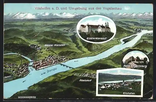 AK Vilshofen a. D., Ortsansicht und Umgebung aus der Vogelschau, Kloster Mariahilf, Ruine Hiltgartsberg