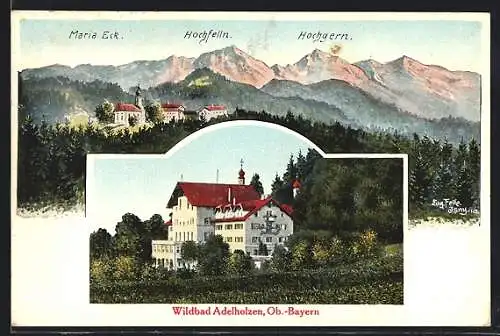 Künstler-AK Eugen Felle: Adelholzen, Kurhotel und Gebirgspanorama