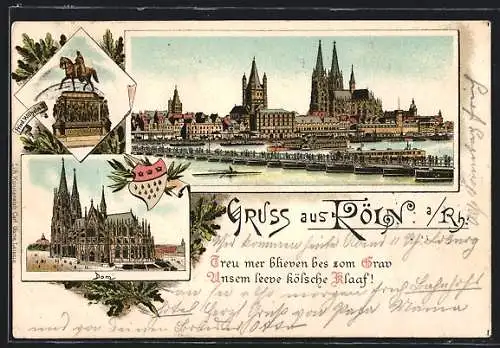 Lithographie Köln, Teilansciht mit Dom, Denkmal Friedrich Wilhelm III