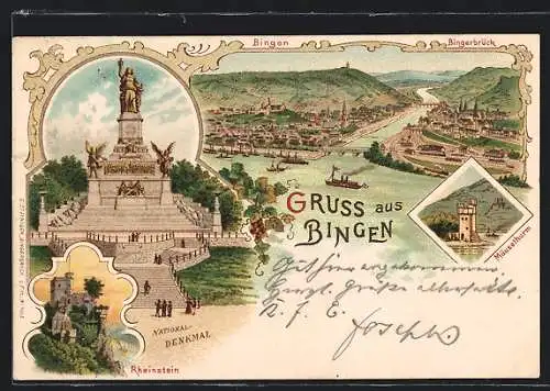Lithographie Bingerbrück, Totalansicht, National-Denkmal