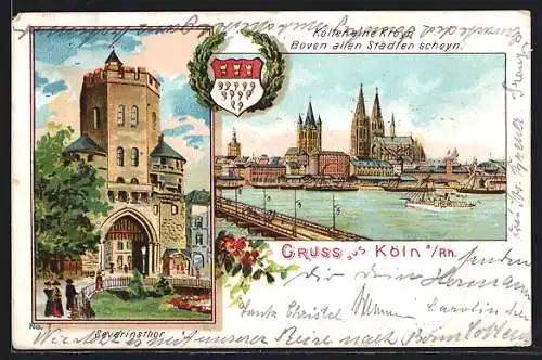 Lithographie Köln, Severinstor, Rheinansicht und Stadtwappen