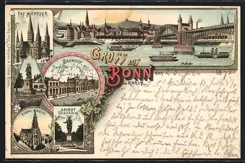 Lithographie Bonn, Ortsansicht mit Flussdampfern und Rheinbrücke, das Münster, Bahnhof