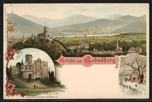 Lithographie Godesberg, Schloss, Gesamtansicht, Haus im Winter