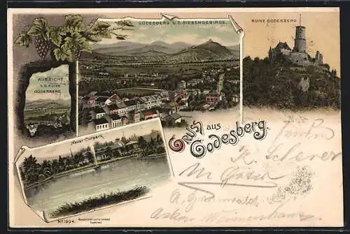 Lithographie Godesberg, Ortsansicht, Neuer Kurpark, Ruine Godesberg
