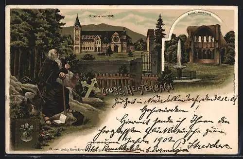 Lithographie Heisterbach, Kirche vor 1808, Ruine und Mönch mit Rosenkranz