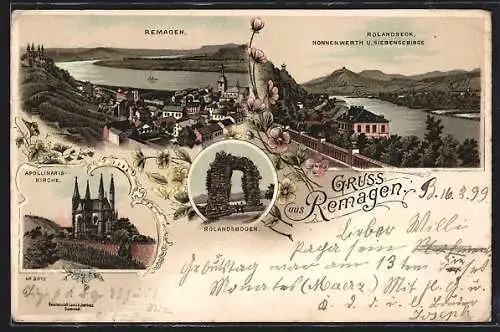 Lithographie Remagen, Ortsansicht, Appolinariskirche, Rolandsbogen, Rolandseck
