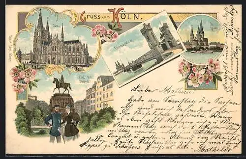 Lithographie Köln, Friedrich Wilhelm Denkmal, Dom, Eisenbahnbrücke & St. Cunibert