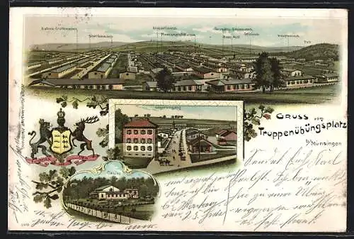 Lithographie Münsingen, Truppenübungsplatz mit Lagereingang und Casino