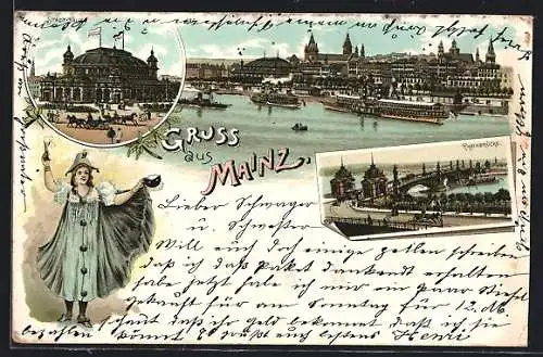 Lithographie Mainz, Flusspartiemit Dampfern und Ort, Rheinbrücke, Stadthalle
