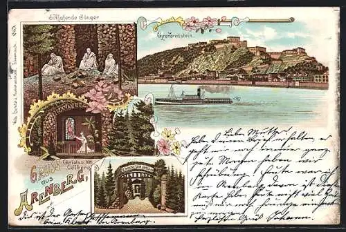 Lithographie Arenberg, Schlafende Jünger, Ehrenbreitstein, Eingang zum Ölberg