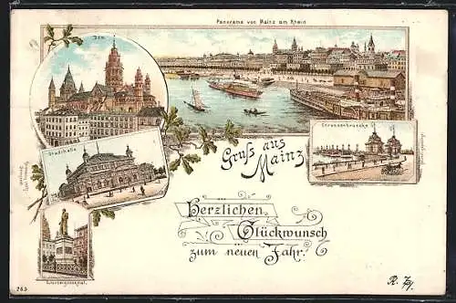 Vorläufer-Lithographie Mainz, 1892, Dom, Stadthalle, Gutenbergdenkmal und Strassenbrücke