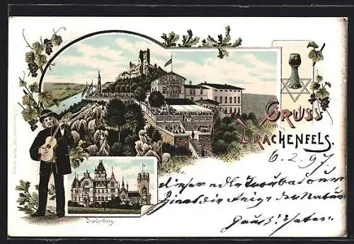 Lithographie Drachenfels, Gebäude auf dem Drachenfels und Drachenburg, Weinranke und Weinglas