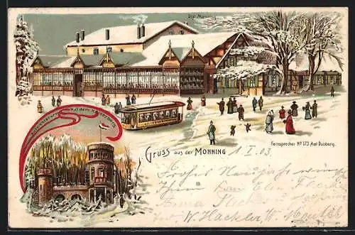 Winter-Lithographie Duisburg, Gasthaus Monning, Aussichtsturm auf dem Kaiserberg