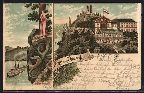 Lithographie Königswinter, Sage vom Drachenfels, Gasthaus Drachenfels