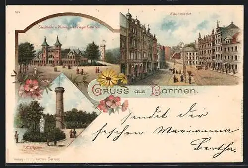 Lithographie Barmen, Altenmarkt, Stadthalle, Töllethurm