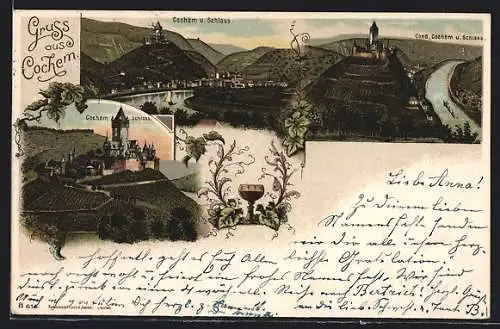 Lithographie Cochem, Ortsansicht und Schloss, Weinglas