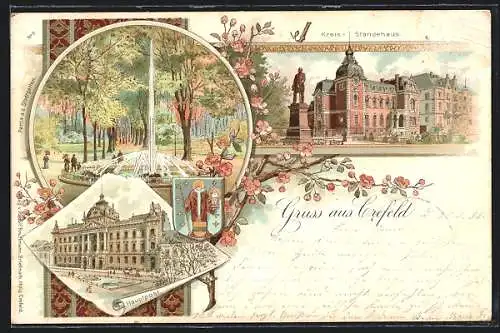 Lithographie Krefeld, Kreisständehaus, an der Hauptpost, der Sprudel