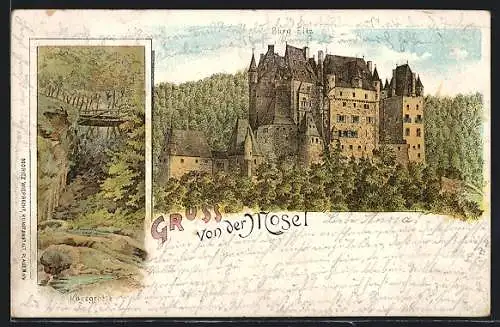 Lithographie Wierschem, Burg Eltz und Käsegrotte