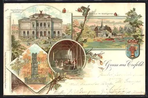 Lithographie Crefeld, Kaiser-Wilhelm-Museum, Veteranen-Denkmal, Sprudel, Kurhaus im Stadtgarten