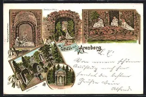 Lithographie Arenberg, Lourdesgrotte, Tempel, Christus am Oelberg und Schlafende Jünger