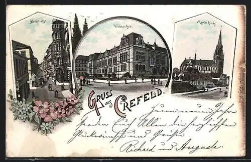 Vorläufer-Lithographie Crefeld, 1895, Hochstrasse, Marienkirche und Webeschule