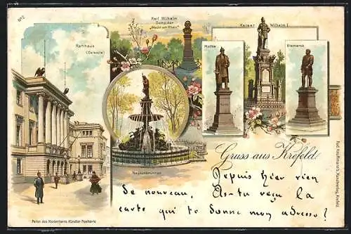 Lithographie Krefeld, Neptunbrunnen, Moltke-, Kaiser Wilhelm I.- und Bismarck-Denkmal, Rathaus