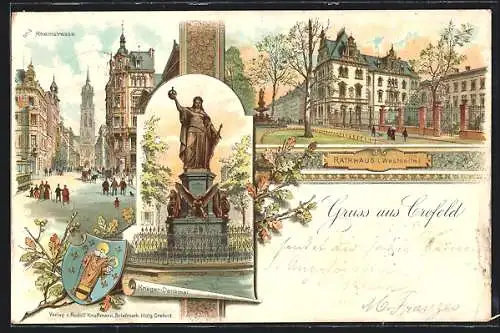 Lithographie Crefeld, Rathaus m. Westseite, Rheinstrasse und Krieger-Denkmal