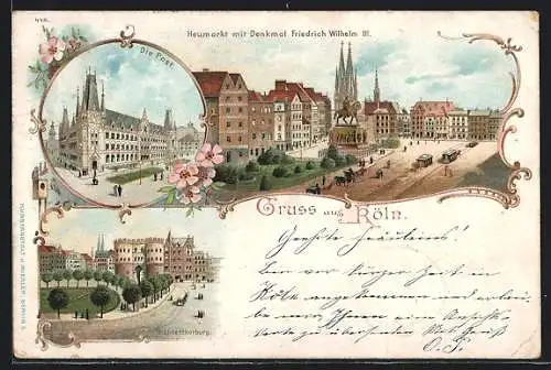 Lithographie Köln, Heumarkt mit Denkmal Friedrich Wilhelm III., Post, Hahnentorburg