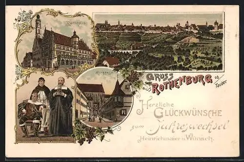 Lithographie Rothenburg ob Tauber, Rathaus, Blick in die Klinggasse