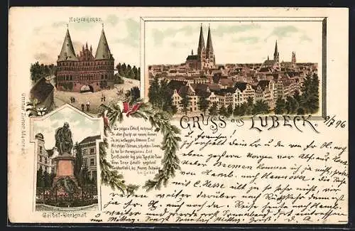 Lithographie Lübeck, Teilansicht, Holstenthor, Geibel-Denkmal