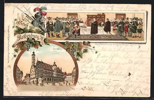 Lithographie Rothenburg a. Tauber, Rathaus, Der Meistertrunk