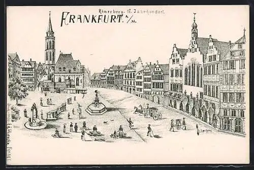 Künstler-AK Alt-Frankfurt, Der Römerberg im 17. Jahrhundert