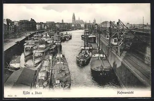 AK Köln, Hafenansicht mit Dampfer und Segelschiffen
